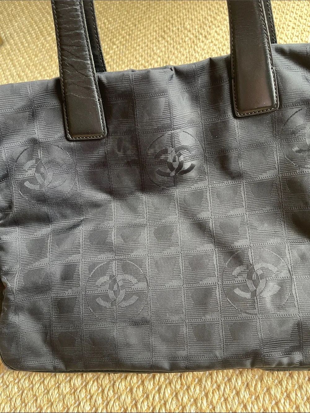 CHANEL Black  Logo Jacquard Tote with Leather Handles